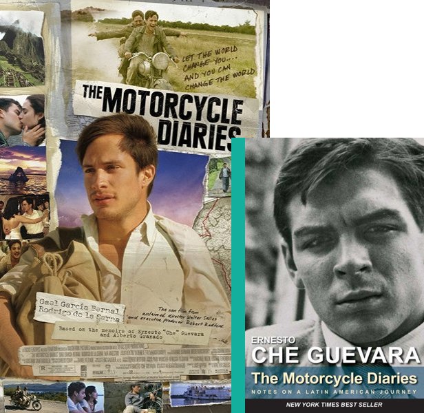 The Motorcycle Diaries (2004) Movie poster and book cover compared.