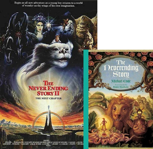 The NeverEnding Story II: The Next Chapter (1990) Movie poster and book cover compared.