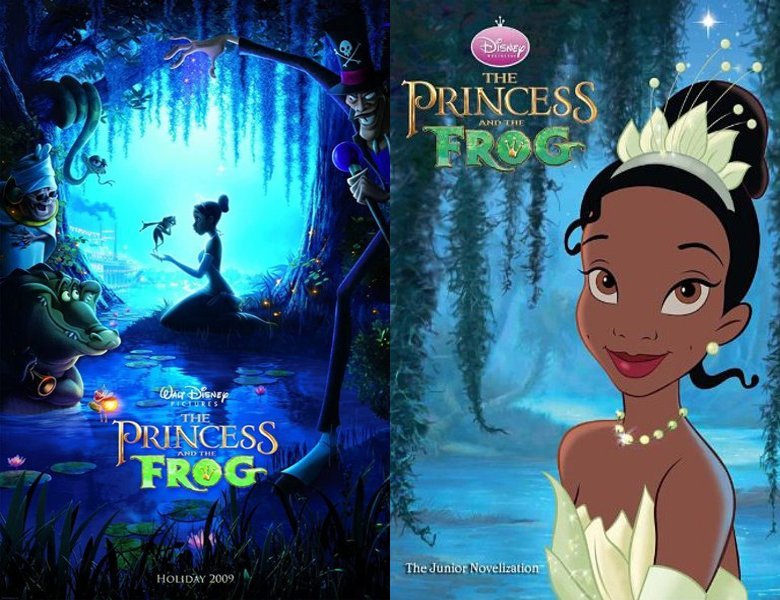 The Princess and the Frog. Poster of the 2009 movie and cover of the book novelization