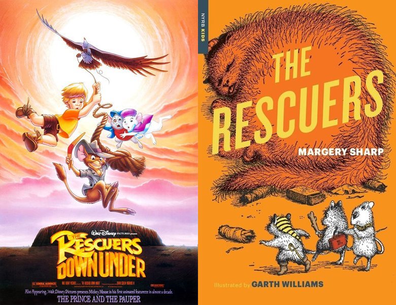 The Rescuers Down Under. Poster of the 1990 movie and cover of the 1959 book, The Rescuers
