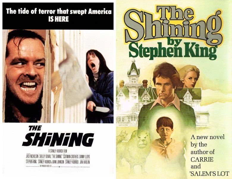 The Shining. Poster of the 1980 movie and cover of the 1977 book