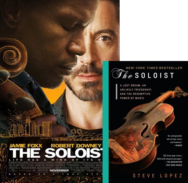The Soloist (2009) Movie poster and book cover compared.