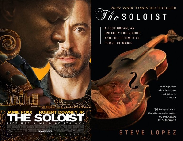 The Soloist. Poster of the 2009 movie and cover of the 2008 book