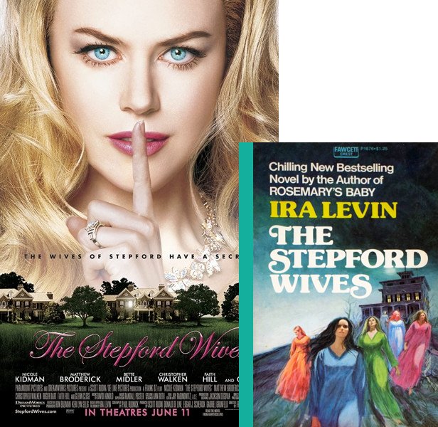 The Stepford Wives (2004) Movie poster and book cover compared.