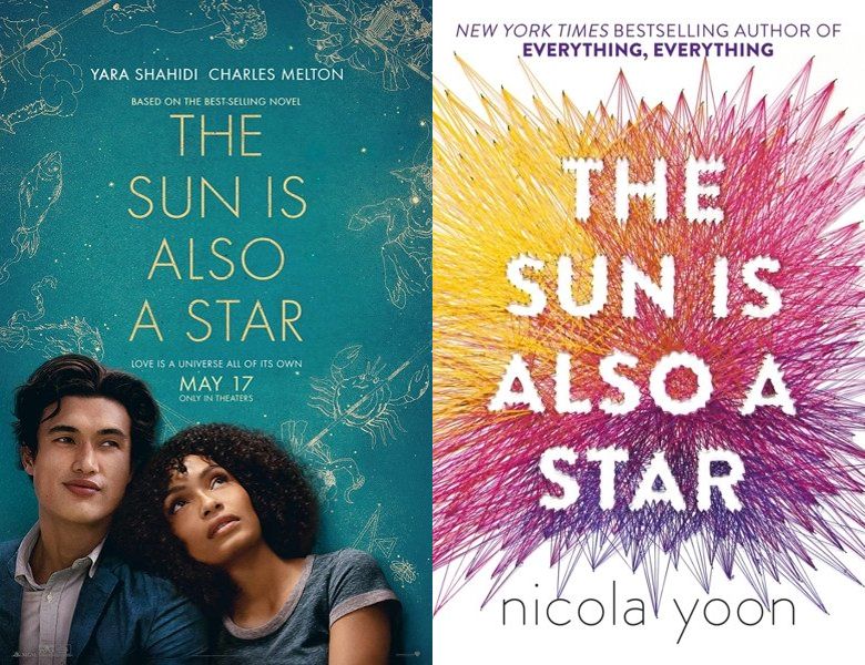 The Sun Is Also a Star. Poster of the 2019 movie and cover of the 2016 book