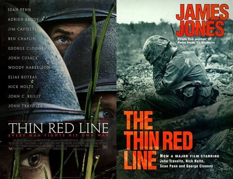 The Thin Red Line. Poster of the 1998 movie and cover of the 1962 book