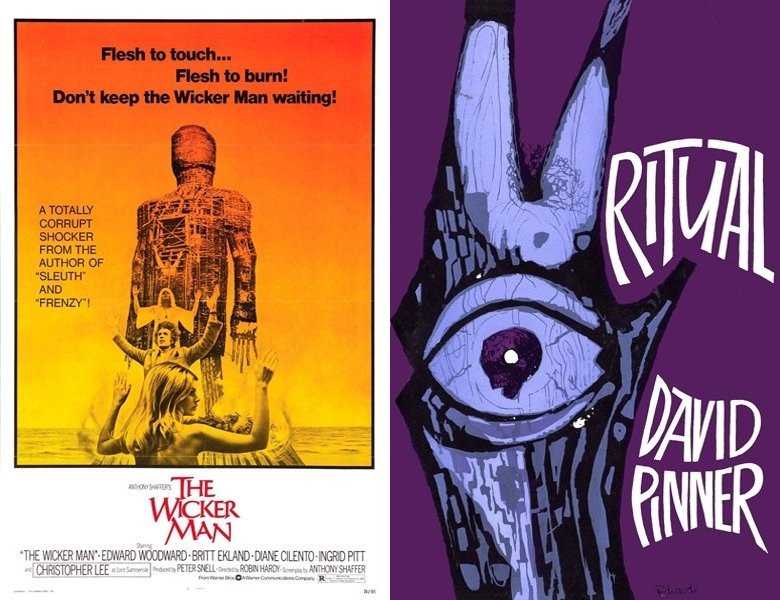 The Wicker Man. Poster of the 1973 movie and cover of the 1967 book, Ritual