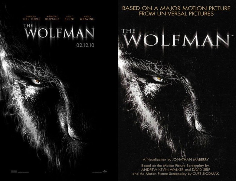 The Wolfman. Poster of the 2010 movie and cover of the book novelization
