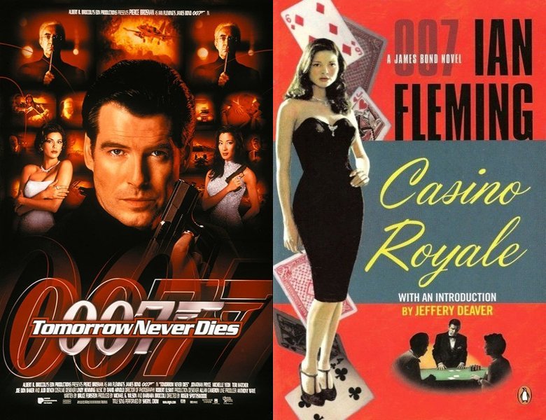 Tomorrow Never Dies. Poster of the 1997 movie and cover of the 1953 book, Casino Royale