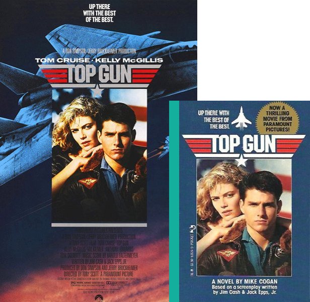 Top Gun (1986) Movie poster and book cover compared.