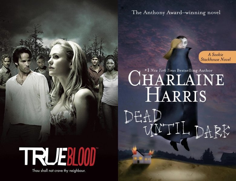 True Blood. Poster of the 2008 TV series and cover of the 2001 book, Sookie Stackhouse