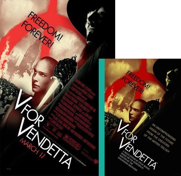 V for Vendetta (2005) Movie poster and book cover compared.