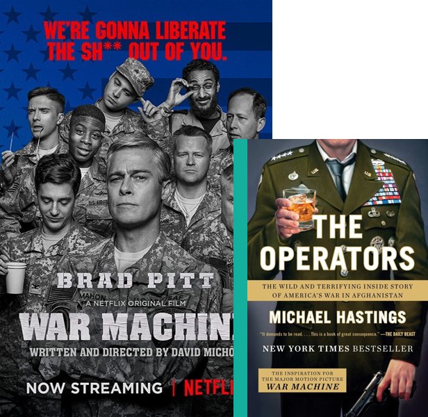 War Machine (2017) Movie poster and book cover compared.