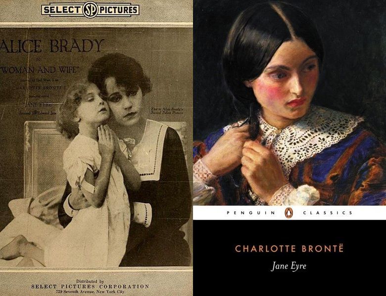 Woman and Wife. Poster of the 1918 movie and cover of the 1847 book, Jane Eyre