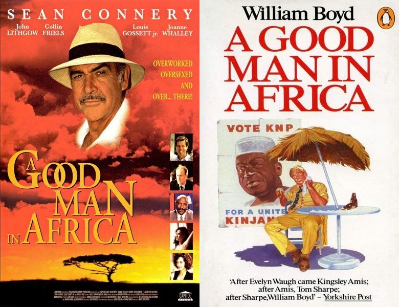 A Good Man in Africa. Poster of the 1994 movie and cover of the 1981 book