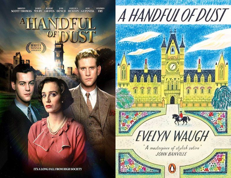 A Handful of Dust. Poster of the 1988 movie and cover of the 1934 book