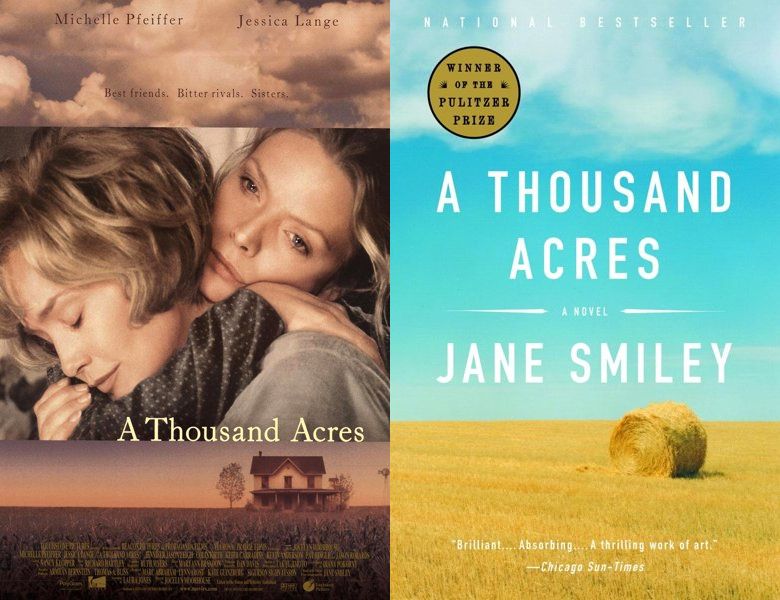 A Thousand Acres. Poster of the 1997 movie and cover of the 1991 book