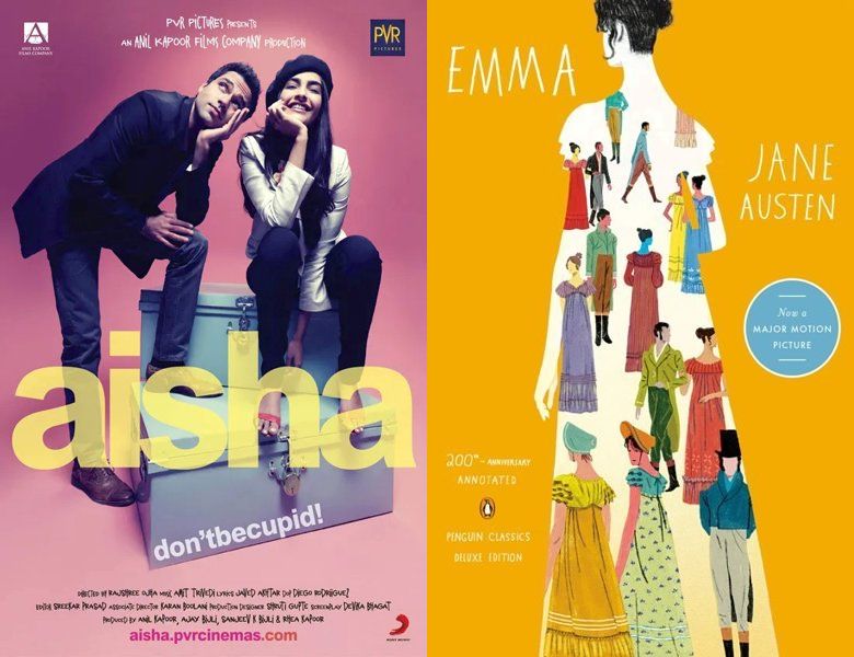 Aisha. Poster of the 2010 movie and cover of the 1815 book, Emma