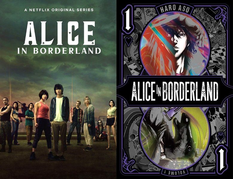 Alice in Borderland. Poster of the 2020 TV series and cover of the 2010 comic book
