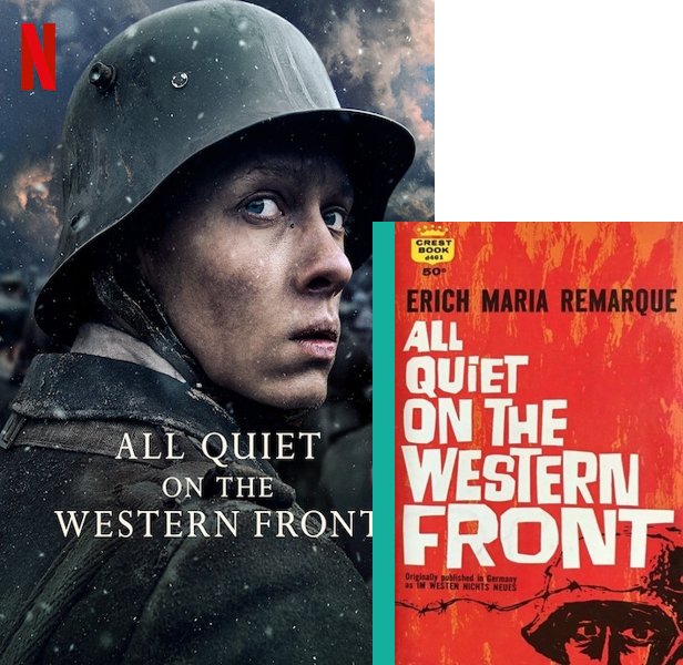 All Quiet on the Western Front (2022) Movie poster and book cover compared.