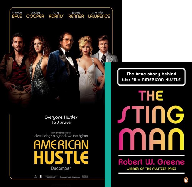 American Hustle (2013) Movie poster and book cover compared.