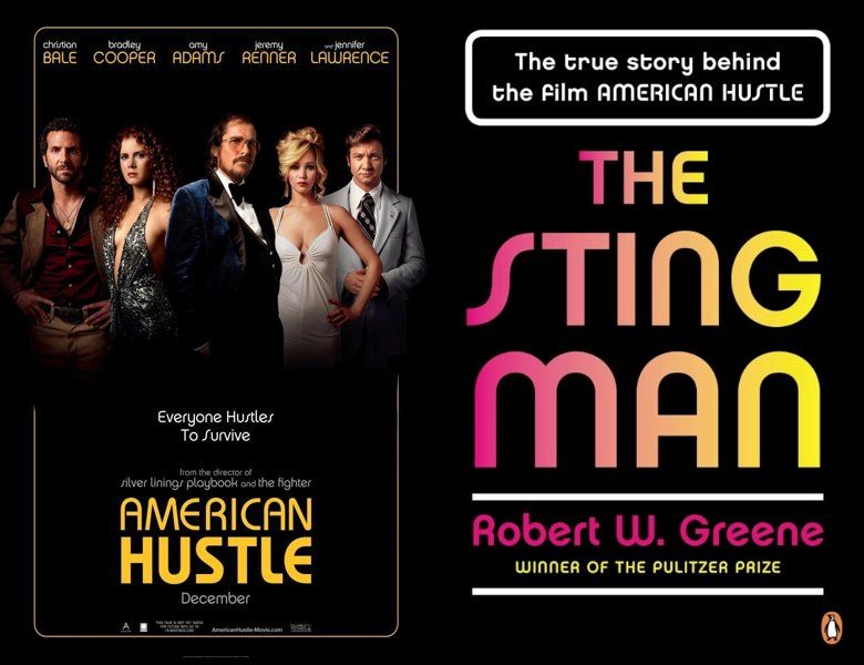 American Hustle. Poster of the 2013 movie and cover of the 1981 book, The Sting Man: Inside Abscam