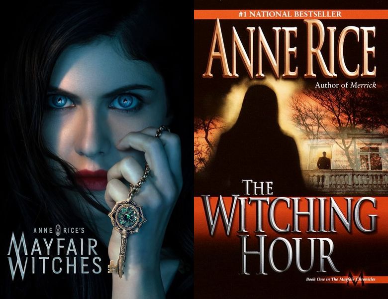 Anne Rice's Mayfair Witches. Poster of the 2023 TV series and cover of the 1990 book, The Witching Hour