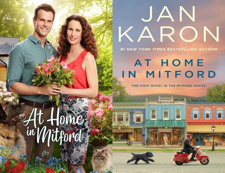 At Home in Mitford. Poster of the 2017 movie and cover of the 1994 book