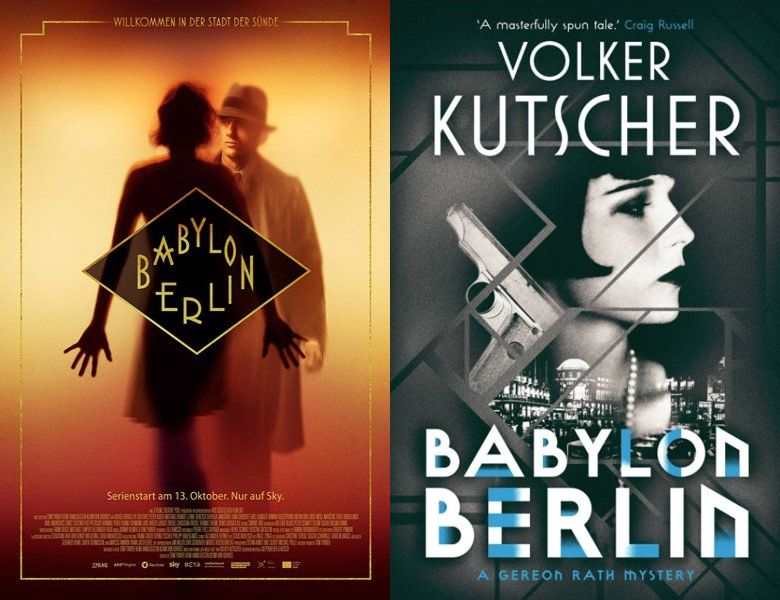 Babylon Berlin. Poster of the 2017 TV series and cover of the 2007 book