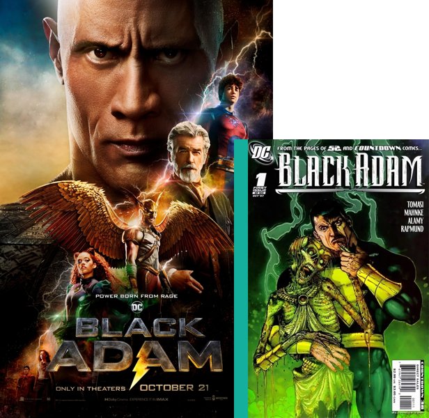 Black Adam (2022) Movie poster and comic book cover compared.