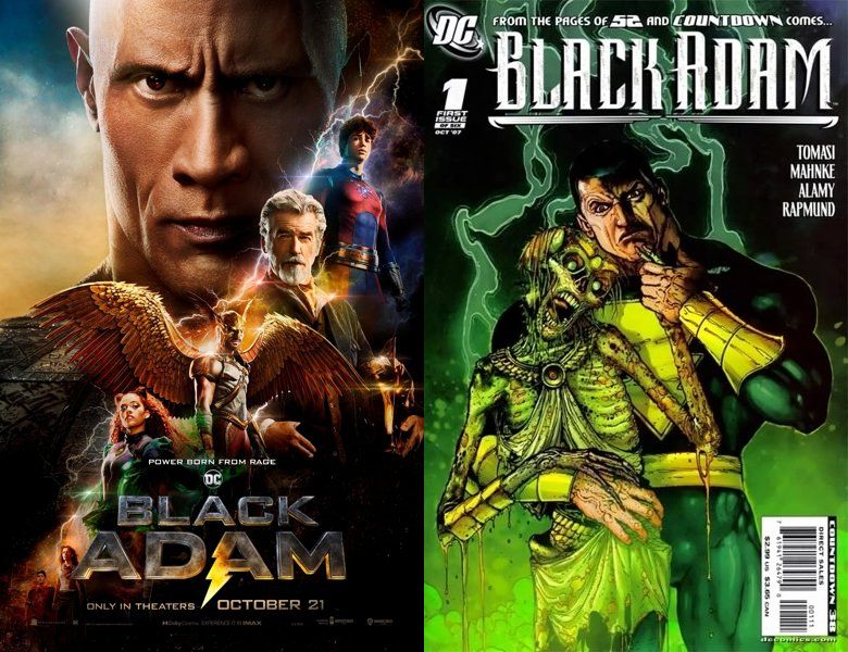 Black Adam. Poster of the 2022 movie and cover of the 1945 comic book