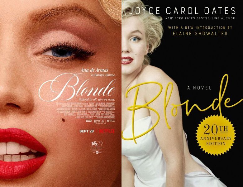 Blonde. Poster of the 2022 movie and cover of the 2000 book