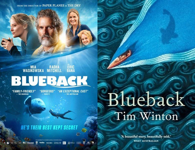 Blueback. Poster of the 2022 movie and cover of the 1997 book