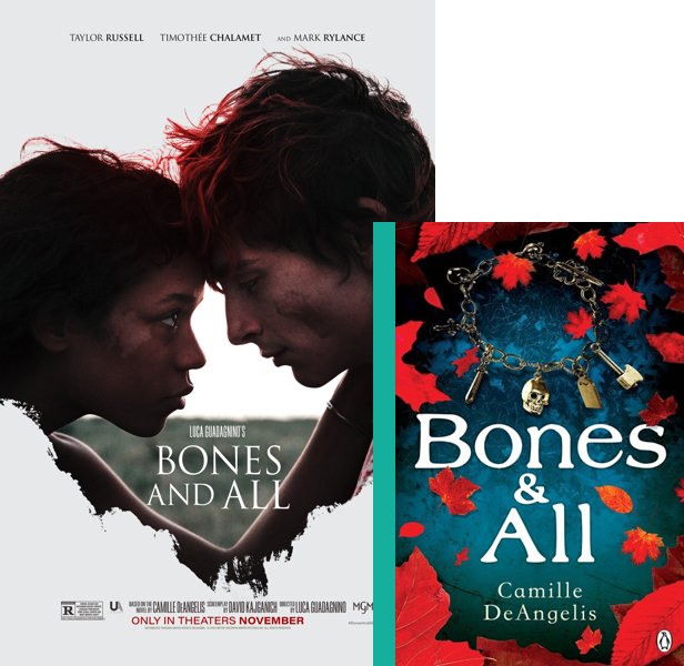 Bones & All (2022) Movie poster and book cover compared.