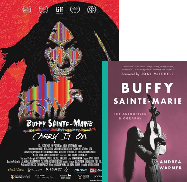 Buffy Sainte-Marie: Carry It On (2022) Movie poster and book cover compared.