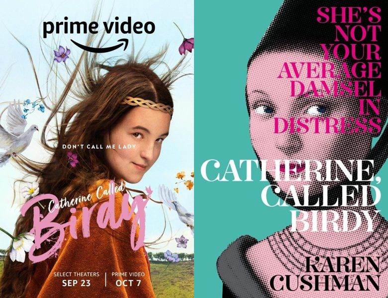 Catherine Called Birdy. Poster of the 2022 movie and cover of the 1994 book, Catherine, Called Birdy
