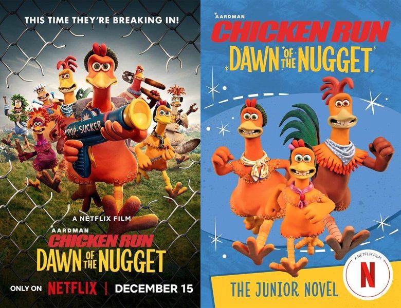 Chicken Run: Dawn of the Nugget. Poster of the 2023 movie and cover of the book novelization