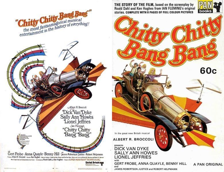 Chitty Chitty Bang Bang. Poster of the 1968 movie and cover of the book novelization