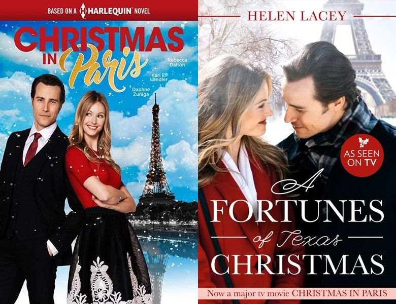 Christmas in Paris. Poster of the 2019 movie and cover of the 2017 book, A Fortunes of Texas Christmas