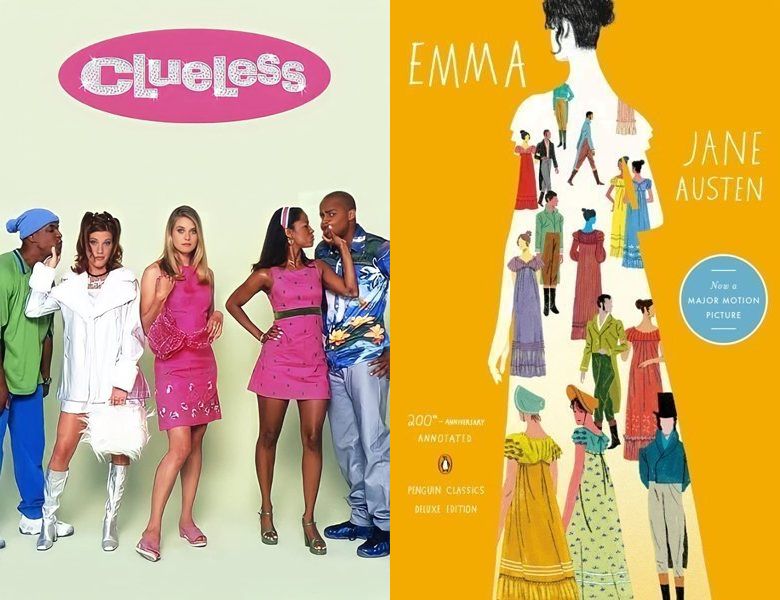 Clueless. Poster of the 1996 TV series and cover of the 1815 book, Emma