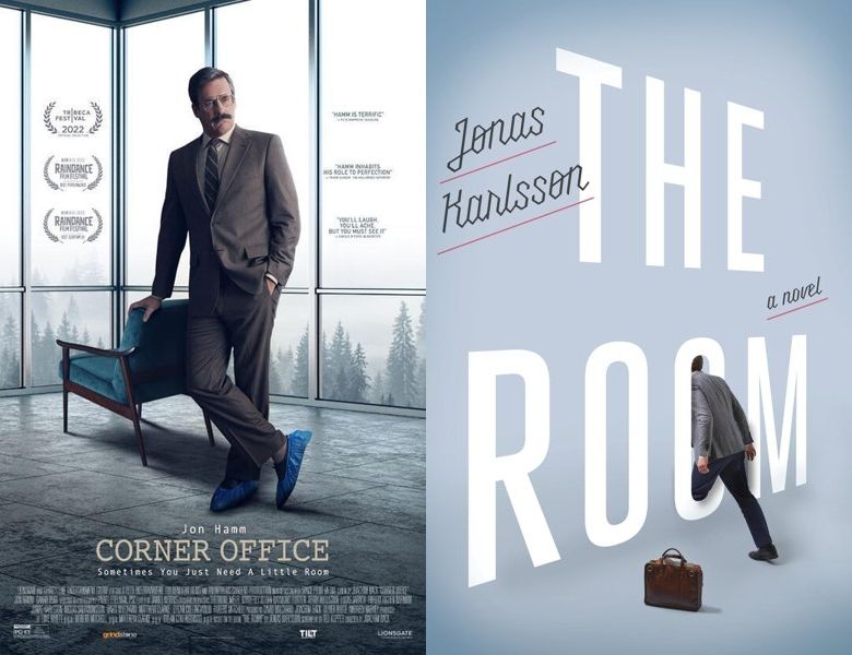 Corner Office. Poster of the 2021 movie and cover of the 2014 book, The Room