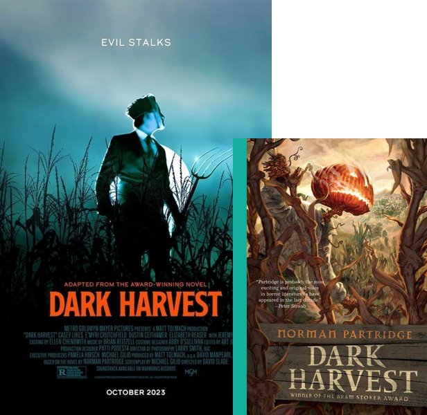 Dark Harvest (2023) Movie poster and book cover compared.