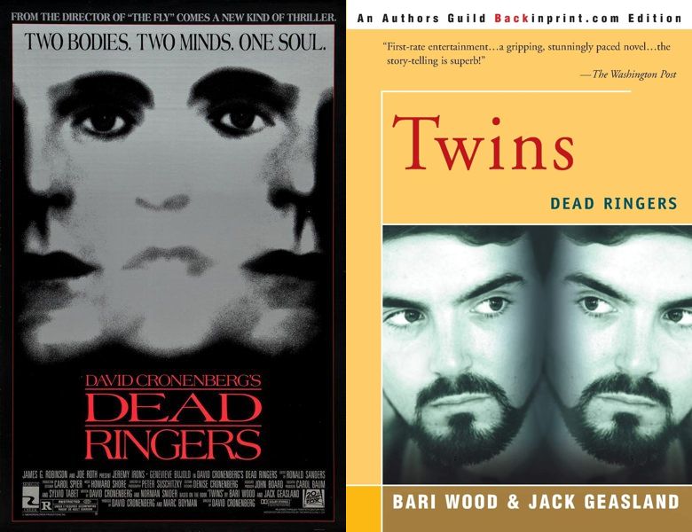 Dead Ringers. Poster of the 1988 movie and cover of the 1977 book, Twins: Dead Ringers