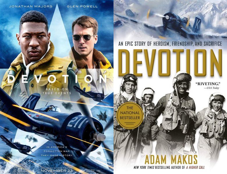 Devotion. Poster of the 2022 movie and cover of the 2014 book