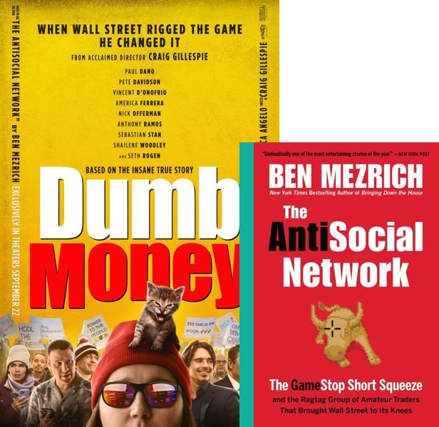 Dumb Money (2023) Movie poster and book cover compared.