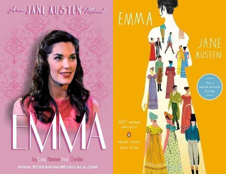 Emma. Poster of the 2018 movie and cover of the 1815 book