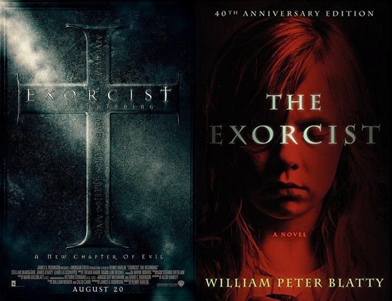 Exorcist: The Beginning. Poster of the 2004 movie and cover of the 1971 book, The Exorcist