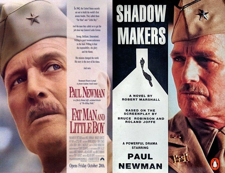 Fat Man and Little Boy. Poster of the 1989 movie and cover of the book novelization