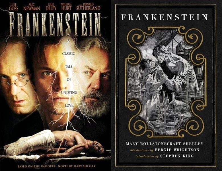 Frankenstein. Poster of the 2004 TV series and cover of the 1818 book