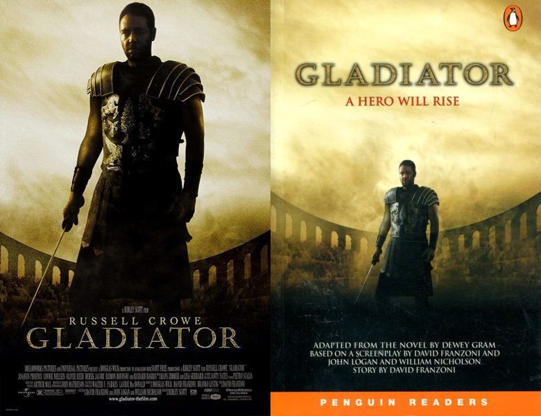 Gladiator. Poster of the 2000 movie and cover of the book novelization